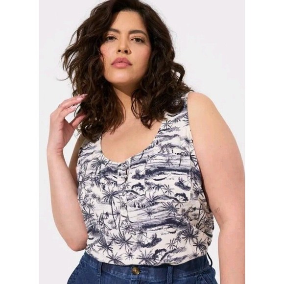 Torrid Sz 4 4X Plus Navy Cream Palm Tree Challis Henley Tank Henley Jungle Beach - Picture 1 of 9